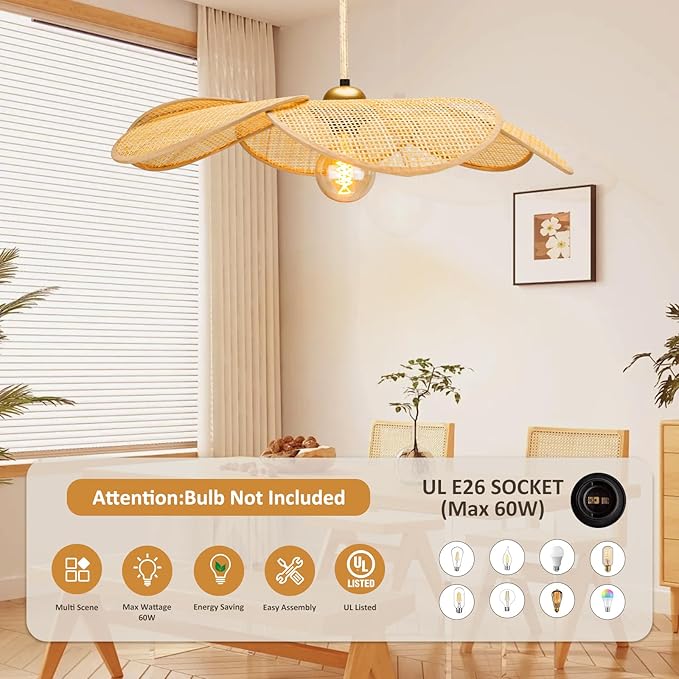 Bamboo Pendant Light Fixture, 24 Inch Flower Handwoven Rattan Lampshade 5”-34.5” Adjustable Height Hanging Lights, Boho Chandelier Ceiling Hanging Lamp for Living Room Kitchen Bedroom(Not Bulb)
