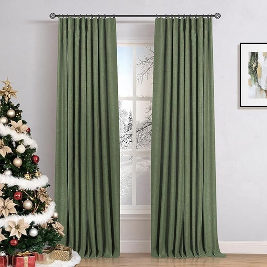 INOVADAY 100% Blackout Curtains for Bedroom, Black Out Curtains 120 Inch Long, Clip Rings Linen Blackout Drapes, Thermal Insulated Room Darkening for Living Room, 2 Panels - Moss Green,W50xL120