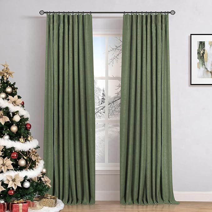 INOVADAY 100% Blackout Curtains for Bedroom, Black Out Curtains 108 Inch Long, Clip Rings Linen Blackout Drapes, Thermal Insulated Room Darkening for Living Room, 2 Panels - Moss Green,W50xL108