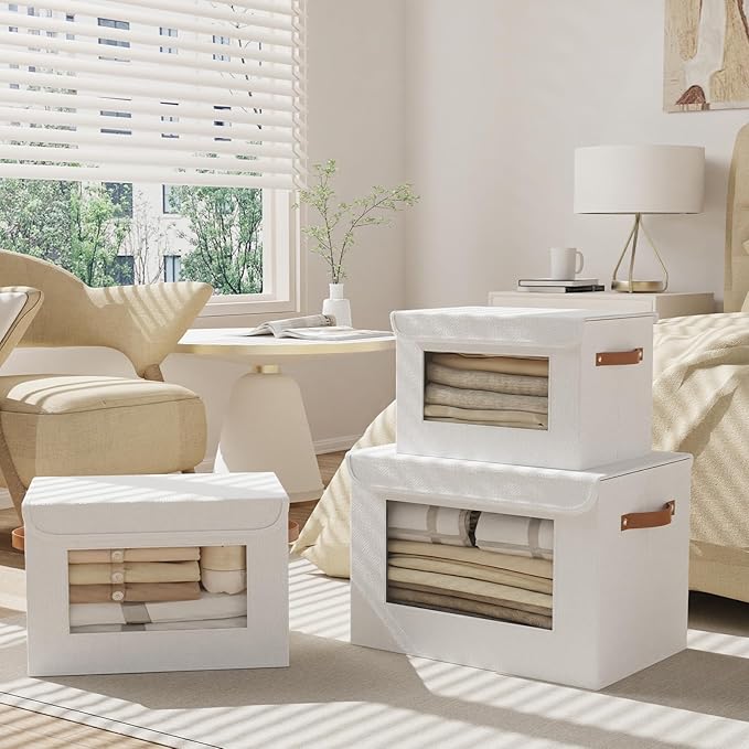 Linen Storage Bins with Lids, Storage Boxes for Shelves with Handles, Closet Organizers for Sock Hat Blanket, 17.7 x 11.8 x 11.8 Inch, White, 5-Pack