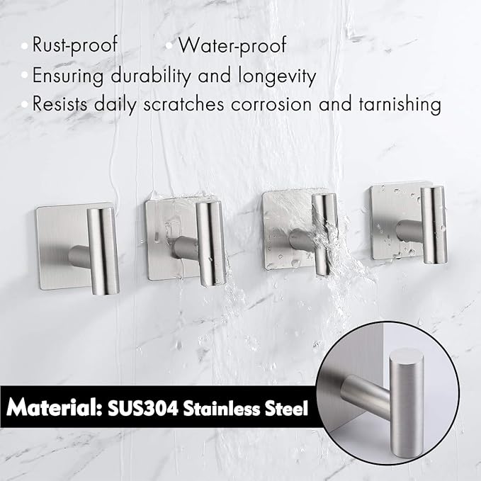 Adhesive Towel Hook 4 Pack, Bathroom Wall Hooks, Sticky Coat Hooks for Hanging, Closet, Robe Hook SUS304 Stainless Steel Brushed, BTH7204-2-P4