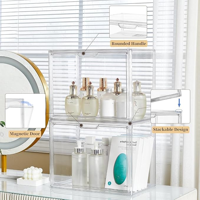 Clear Storage Bins with Lids, 5 Pack Acrylic Display Case with Magnetic Door for Cosmetic Collectibles Large Figures Models, Stackable Acrylic Storage Box for Home Office Living Room Dorm