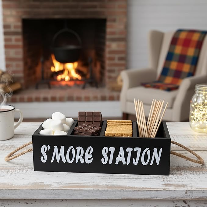 Smores Station S'mores Bar Holder,Smores Caddy, Smore Accessories Organizer, Perfect for Marshmallow Roasting Sticks, Chocolate, S'mores s Sticks, Kit Maker-Wooden
