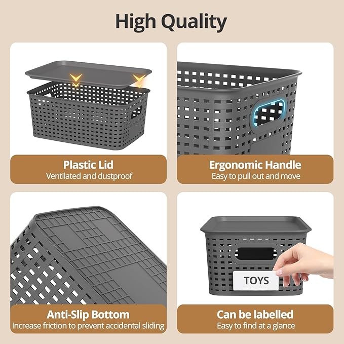Plastic Storage Basket with Lids, Stackable Small Box Bins for Organizing and Containers for Shelves Drawers Desktop Closet Playroom Pantry Classroom Office Home, 8 Pack 10.2x7.2x4.1 Inch, Gray