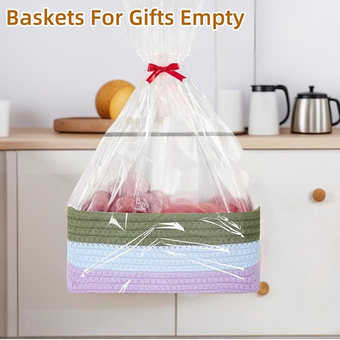 2 Pack Storage Baskets for Organizing, Small Storage Bins for Shelves, Woven Cotton Rope Baskets with Handles, Organizer Baskets for Gifts Empty, 12''Lx8''Wx4.5''H (Rainbow)