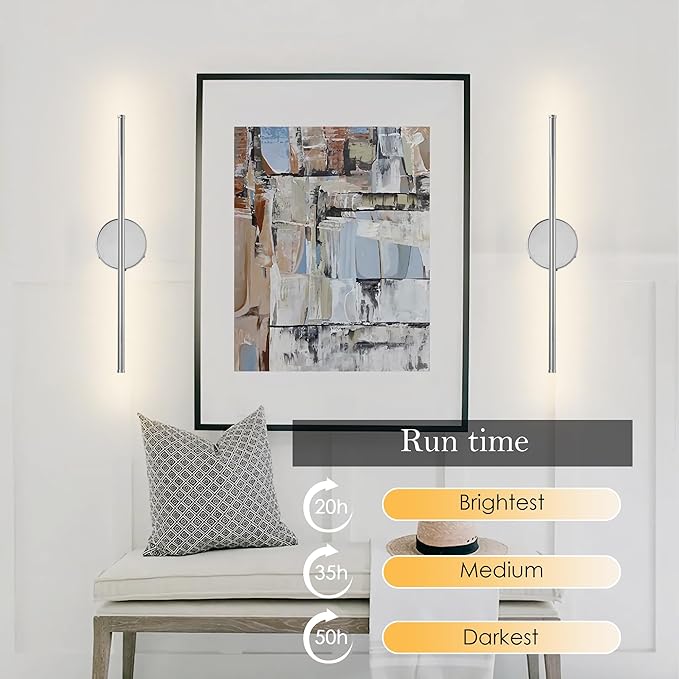 Battery Operated Wall Sconces with Remote Control, Dimmable Wall Sconces Set of Two, 350°Rotate, 3000K LED Chrome Wireless Wall Light for Living Room, Bedroom,Hallway, 20.4 Inch (2 Pack)