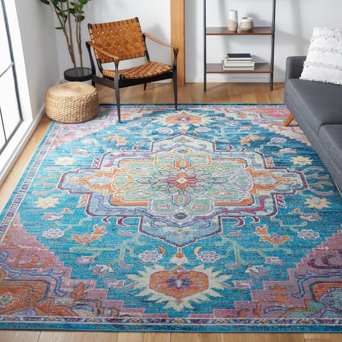 SAFAVIEH Crystal Collection Area Rug - 8' x 10', Teal & Rose, Medallion Distressed Design, Non-Shedding & Easy Care, Ideal for High Traffic Areas in Living Room, Bedroom (CRS501T)