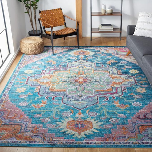 SAFAVIEH Crystal Collection Area Rug - 8' x 10', Teal & Rose, Medallion Distressed Design, Non-Shedding & Easy Care, Ideal for High Traffic Areas in Living Room, Bedroom (CRS501T)