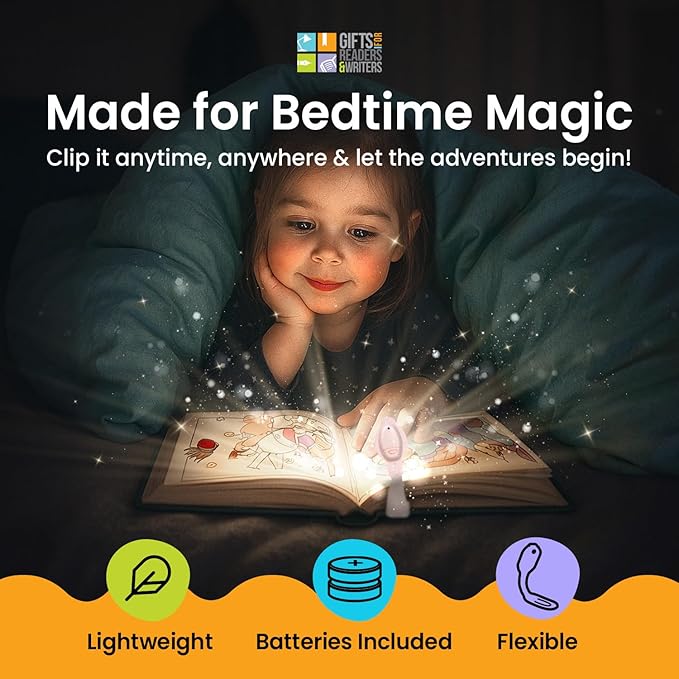 Gifts for Readers & Writers Book Light for Kids, Clip On Reading Light for Bed, 2in1 Flexilight Pals & Bookmark, Small & Lightweight with a Soft Glow, 2 Batteries Included, Mermaid Teal
