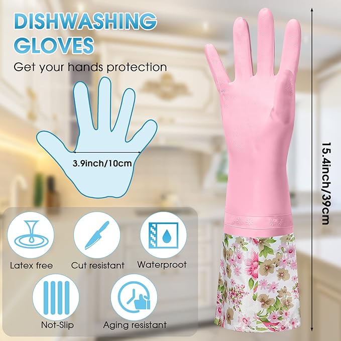 9 Pairs Household Dishwashing Rubber Gloves Long Cuff and Flock Lining Cleaning Gloves Reusable Waterproof