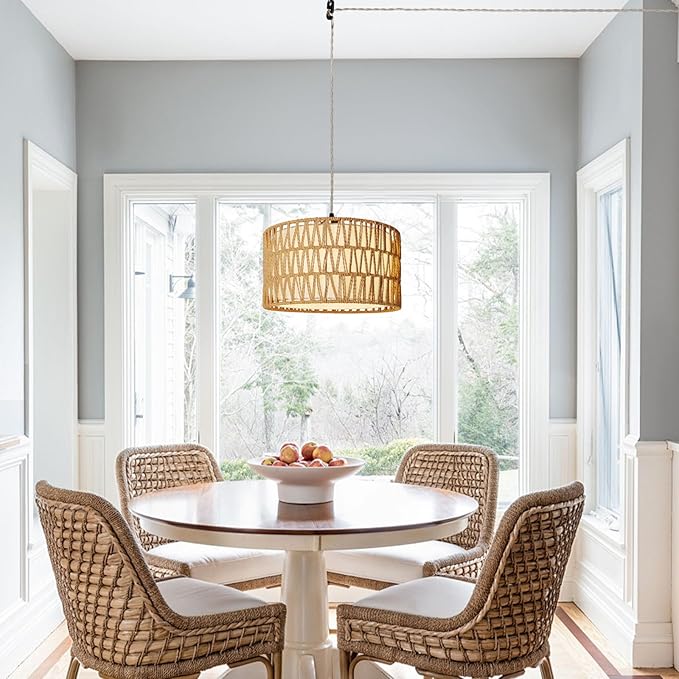 HuisMier Plug in Pendant Light Rattan Hanging Lamp 15 Ft Boho Hanging Lights with Rattan Woven & Fabric 2 in 1 Shade, Dimmable Plug in Pendant Light for Living Room Bedroom Dining Room