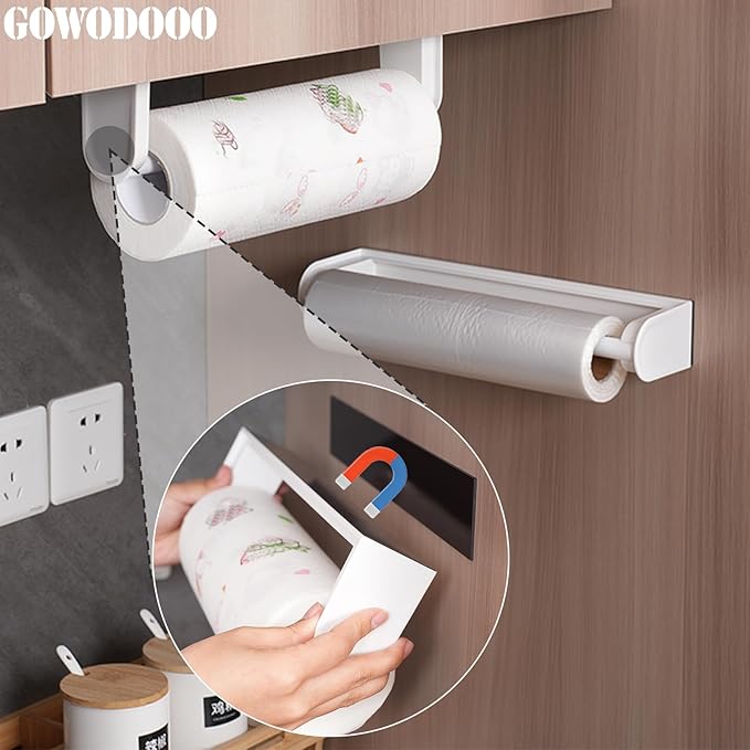Magnetic Paper Towel Holder for Fridge,Toilet Paper Roll Holder Magnet Towel Rack Wall Mount Fridge Organizer for Paper Towels Rolls,Kitchen,Bathroom,Pantry,RV (White)