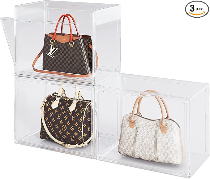 Purse Organizer for Closet,3 Packs Clear Acrylic Display Case for Handbag Organizer,Purse Storage Box with Magnetic Door, Stackable Plastic Storage Bins for Handbag,Collectibles, Cosmetic