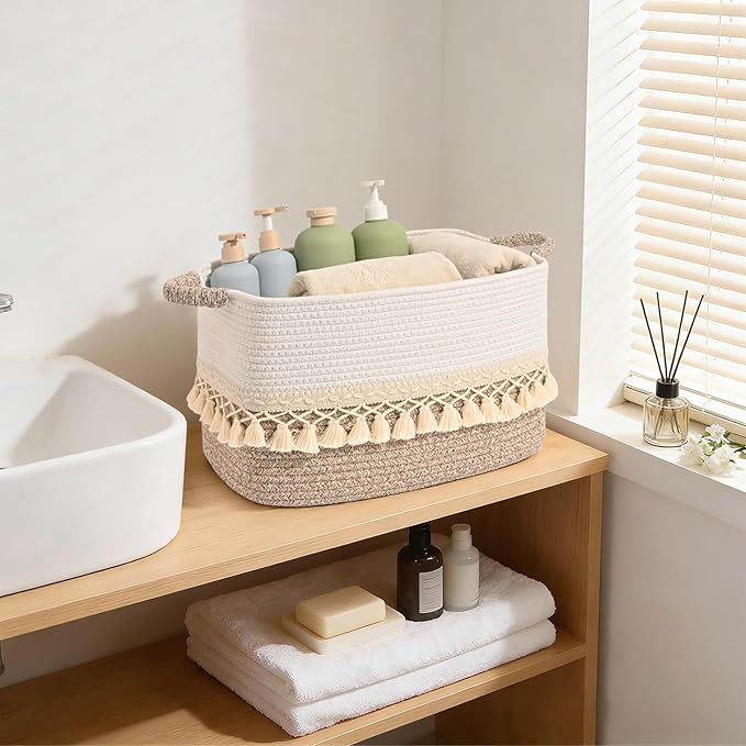2 Pack Storage Basket for Shelves, Boho Cotton Rope Storage Bins with Heavy Tassel, Shelf Baskets Large Woven Baskets for Organizing, Cube Organizer Bins, Baby Laundry Basket for Clothes, Toys, Pets