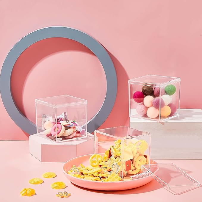 Blulu 8 Pcs Clear Acrylic Box with Lid Plastic Jewelry Mini Storage Box Mini Cube Containers for Candy and Tiny Jewelry Easter Party Favor(2.9 x 2.9 x 2.9 Inch,Classic Style)