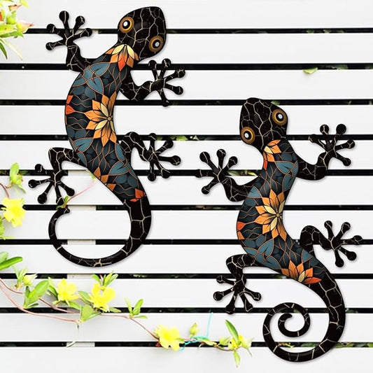 Metal Gecko Outdoor Wall Decorations, 2 Pcs 11.8 inch Gecko Wall Hanging Sculpture for Garden Yard Fence Balcony Porch Home Wall Decorations, Black Metal Wall Art Decor