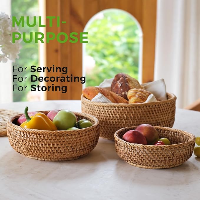 Rattan Bread Baskets for Serving - Woven Round Wicker 3 PK