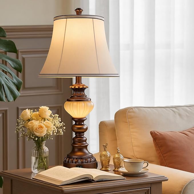 27'' Farmhouse Tall Table Lamps Set of 2 for Living Room, Traditional Vintage Bedside Table Lamps with Nightlight and USB Ports, Boho Nightstand Lamps for Bedroom End Table Home Decor(Bulbs Included)