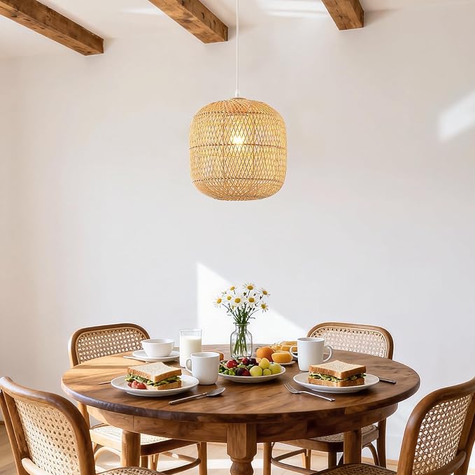 Hand-Woven Rattan Pendant Light, 11in Rattan Chandelier Boho Wicker Hanging Lighting Fixture Coastal Pendant Lights for Kitchen Island Dining Room Bedroom Foyer Entrance