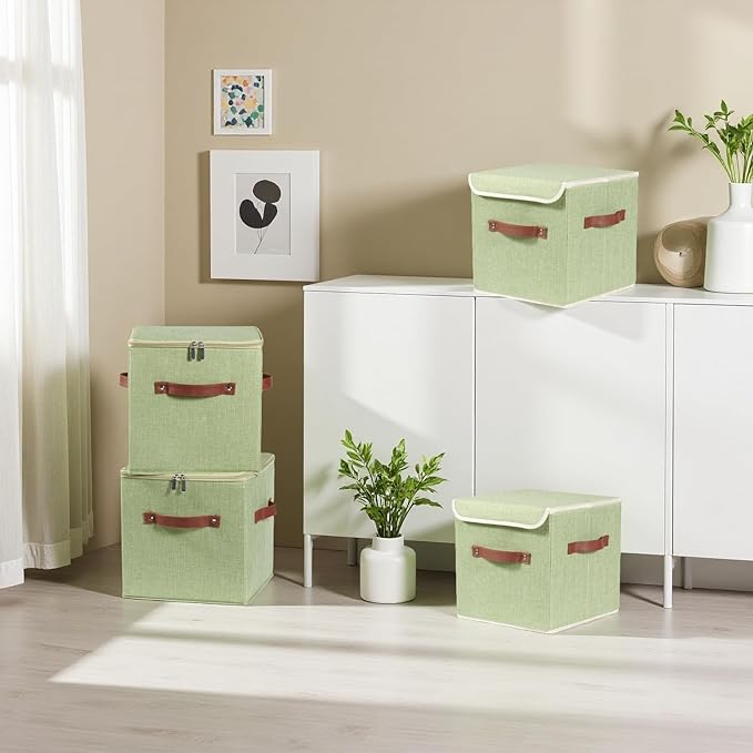 4PCS Storage Cubes with Lid Fabric Storage Bins Boxes PU Leather Handles Cotton Linen Closet Organizer Container Decorative Foldable Washable Shelf Cloth Basket (Zipper Lid, Green, 11in)