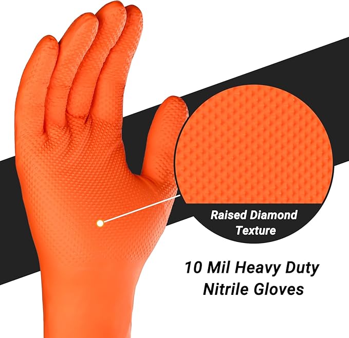 10 Mil Thick Chemical Resistant Orange Nitrile Gloves Large, 100 PCS Disposable Heavy Duty Mens Work Gloves with Grip for Women & Men Cleaning, Cooking, Gardening, Construction