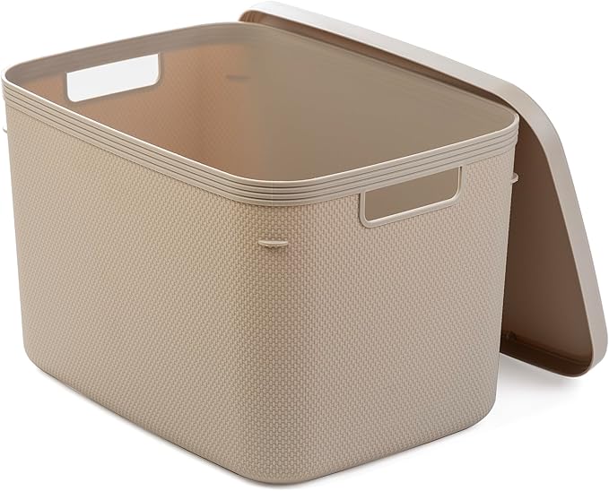 BINO | Plastic Storage Bins with Lids, 20 Liter - 3 Pack, Taupe | THE TWILL COLLECTION | Plastic Bins for Organization | Woven Storage Baskets for Organizing | Pantry Shelf Organizer Basket Bin