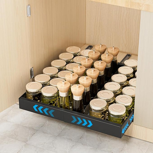 Insputer Pull Out Cabinet Organizer Expandable Width(12.2"-20.47") & 21" Deep, No Drill Adhesive Slide Out Drawers with Upgrade 3 Slide Rails, Magnetic Panel, Roll Out Shelf for Kitchen, Pantry Black