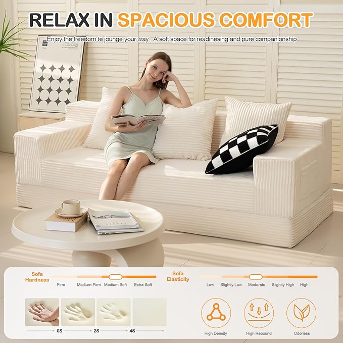 Convertible Futon Sofa Bed Couch, 78'' Corduroy Folding Sofas Bed, Compression Boneless Floor Couch Sofa Beds with 3 Pillows for Living Room Bedroom Apartment
