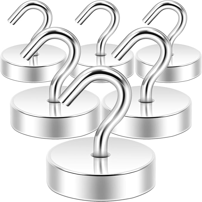 Neosmuk Magnetic Hooks, 60 lb+ Heavy Duty Neodymium Magnet for Hanging, Fridge, Grill, Pot Holders, Magnetic Hanger Swivel Swing for Locker, Toolbox, Classroom Cruise Cabins (White, Pack of 6)