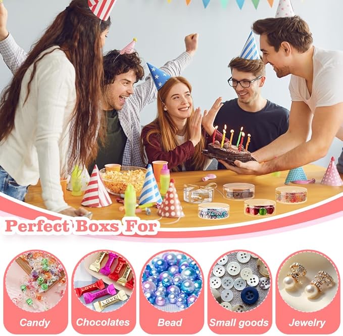 AHANDMAKER 50PCS Clear Round Organizer Box 3"x1" Small Acrylic Containers with Lids Circular Candy Box for Bead Jewelry Storage Wedding Graduation Gift Craft Decorations