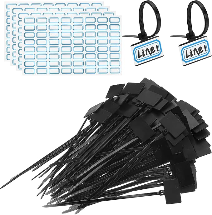 PATIKIL 4inch Zip Ties, 200pcs Cable Ties Tags Nylon Wire Marking Label Self Locking Plastic Straps Write on with Label Tags Paper for Organization Cord Network Ethernet Marking, Black