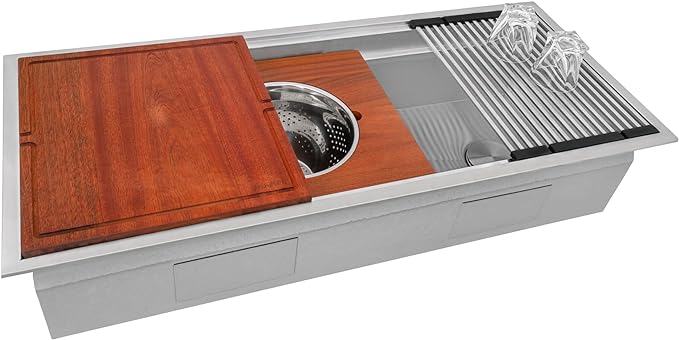 Ruvati 45-inch Drop-in Workstation Kitchen Sink - 16 Gauge Topmount Stainless Steel Kitchen SInk with Two-Tiered Ledges & Accessories - RVH8433