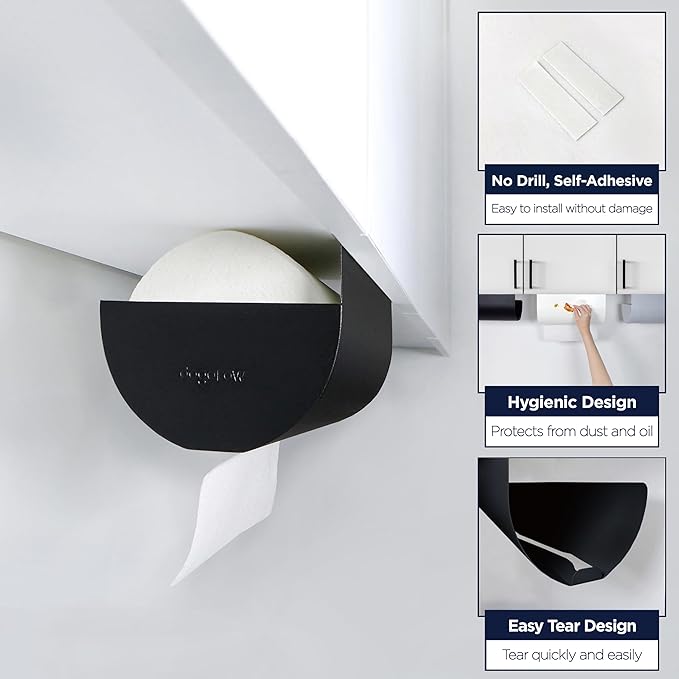 Paper Towel Holder - Under Cabinet, No-Drill Self-Adhesive Hanging Rack, Easy Tear, Space-Saving Sleek Metal Kitchen Roll Dispenser, Wall-Mount Look, Kitchen Storage & Organization - Black