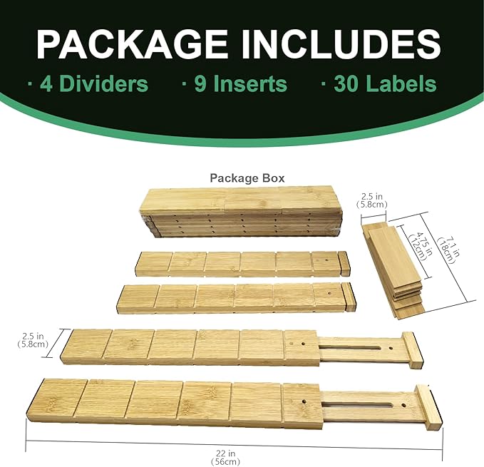 4 Pack Bamboo Drawer Dividers with Inserts and Labels – Adjustable Kitchen Drawer Organizers, Expandable Storage Solutions for Home, Office, Dressers (17-22 Inches)