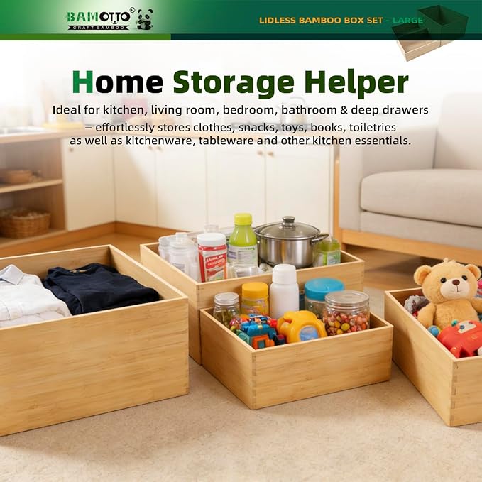 3-Piece Large Bamboo Storage Box Set - 7.1in High Stackable Deep-Drawer Organizer, Lidless Bamboo Bin for Kitchen Cutlery Utensils Knives (14.6"x10.2"x7.1"*1 + 10.2"x7.3"x3"*2)
