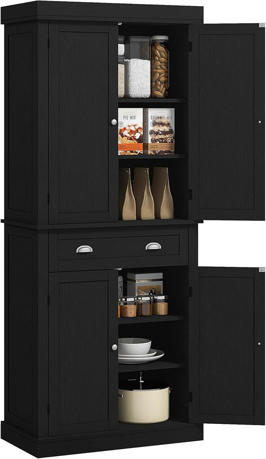 HOMCOM 72.5" Kitchen Pantry Cabinet, Traditional Freestanding Storage Cabinet with 4 Doors, Drawer and 3 Adjustable Shelves for Dining Room, Black Wood Grain