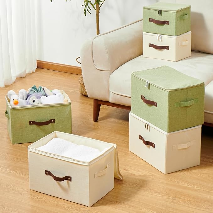 Storage Bins with Zipper Lid Cotton Linen Fabric Lidded Storage Baskets Boxes Foldable Washable Closet Shelf Clothes Organizer Container with PU Leather Handles (Beige, Large Size)