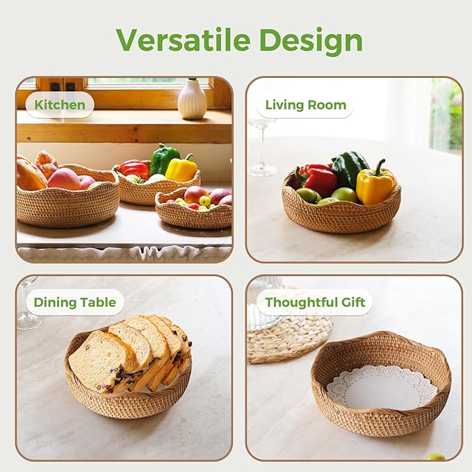 Wicker Bread Basket for Serving, Handwoven Rattan Bowl Wicker Basket for Gifts, Woven Basket for Organizing Bread, Decorative Bowl for Kitchen Dinging Room M