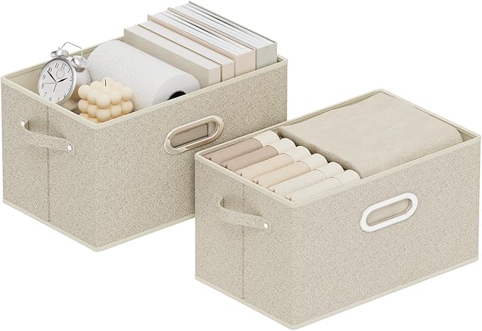 Open Storage Baskets, Collapsible Cube Bins, Fabric Container Organizer with Metal Handles, Boxes for Shelves, Closet, Living Room, 13x9.1x7.9in, Grey and Beige, 2 Pack