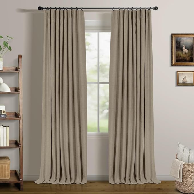 INOVADAY 100% Blackout Curtains for Bedroom, Black Out Curtains 108 Inch Long, Clip Rings Linen Blackout Drapes, Thermal Insulated Room Darkening for Living Room, 2 Panels - Earthy Beige,W50xL108