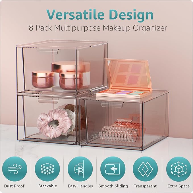 Sorbus Stackable Acrylic Drawers - Clear Make Up Organizers for Vanity - 8 Plastic Storage Bins for Room Decor, Bathroom Organization and Storage, Office Supplies, Makeup Drawer Organizer, Undersink