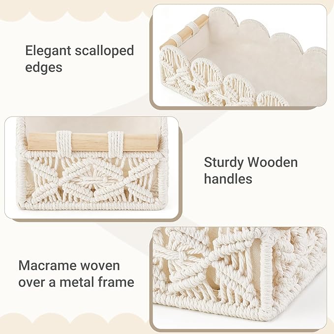 Mkono Macrame Storage Basket, Scalloped Edge Toilet Paper Basket Boho Woven Decor, Small Countertop Organizer with Handles for Shelf, Living Room, Bedroom, Home,Office, Set of 2, Ivory