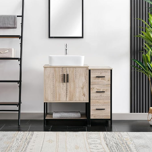 eclife 36" Bathroom Vanity Sink Combo Modern Metal Stand Cabinet W/Bottom Shelf & Storage Side Cabinet White Rectangle Vessel Sink & Water Save Faucet & Pop Up Drain, Oak (T03)