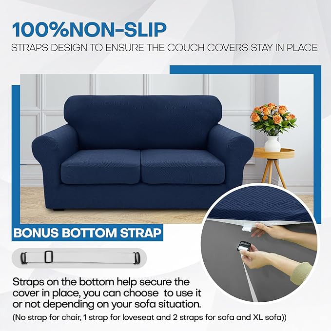 XINEAGE 2025 New 2 Pieces Chair Covers with Arms Super Stretch Chair Slipcover for Living Room Pet Dog Universal Slip Cover Anti Slip Armchair Furniture Protector (Navy Blue), 31"-46"(1 Cushion)