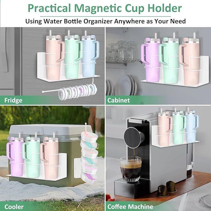 Magnetic Cup Holder for Fridge, Water Bottle Organizer for Cabinet Magnetic Cup Holder Heavy Duty Tumbler Lid Organizer for 20oz 30oz 40oz Cup Accessories Storage Organizer (White)