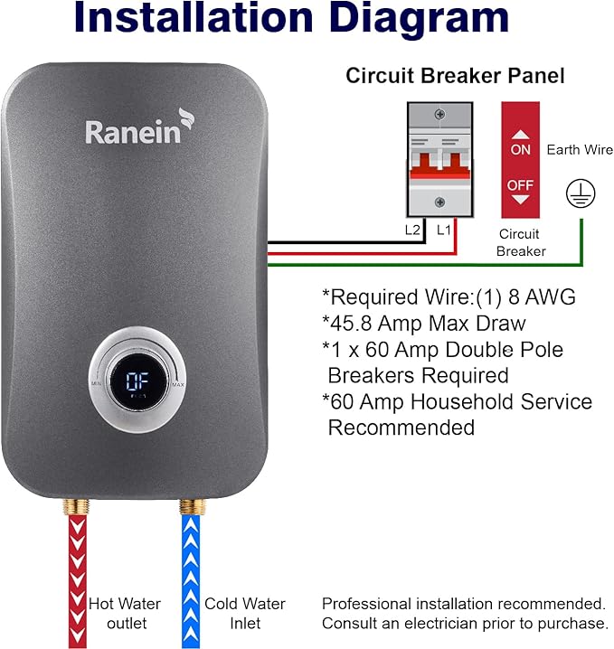 Ranein Electric Tankless Water Heater, 11Kw 240v, On Demand Instant Water Heater with CSA Certification, IPX4 Waterproof, LED Display, Self Modulating Energy Saving, Ideal 1-2 Point of Use