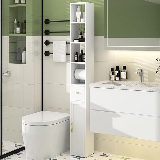 VECELO Narrow Bathroom Storage Cabinet with 3 Adjustable Shelves, 67" Tall Freestanding Cabinet with Toilet Paper Holder, Slim Tower Cabinet with Magnetic Door & Drawer, for Small Spaces, White