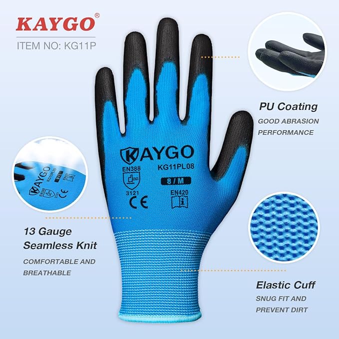 Work Gloves for Men and Women, 12 Pairs Seamless Knit PU Coated Safety Gloves, with Smooth Grip on Palm and Fingers, Ideal for Light Warehouse, Manufacturing, Gardening, KG11P (L, Blue)