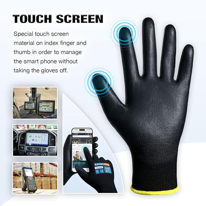 Work Gloves PU Coated for Men and Women, 12 Pairs Safety Work Gloves with Two Fingers Touchscreen, Breathable and Lightweight,Ideal for Light Warehouse, Manufacturing, Gardening, KG11P (S, Black)