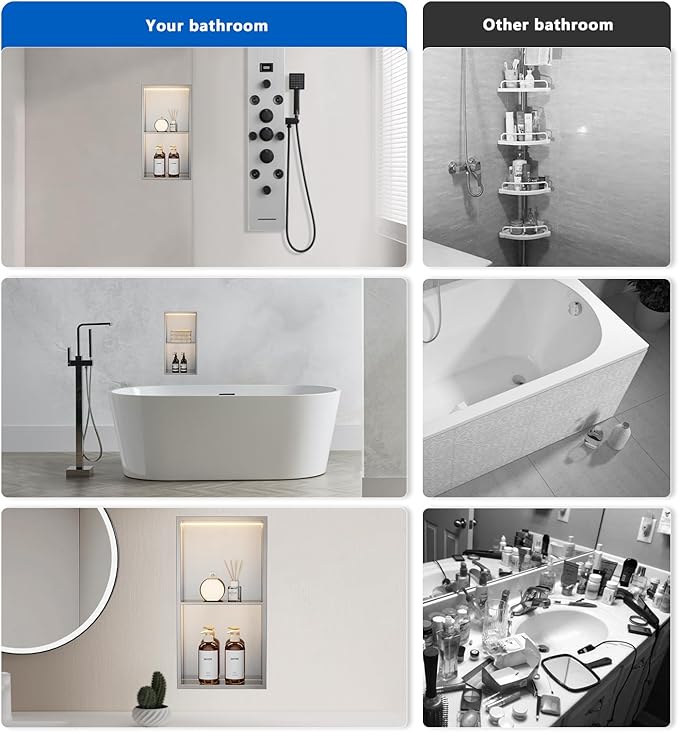 QAOYEDE 24"x12" Stainless Steel Shower Niche with LED Light, No Tile Needed Recessed Shelf, Wall Mount Bathroom Storage Organizer, Brushed Nickel